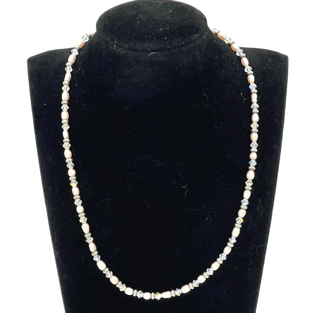 Small Freshwater Rice Pearls AB Faceted Crystal Bicone Beaded Station Necklace
